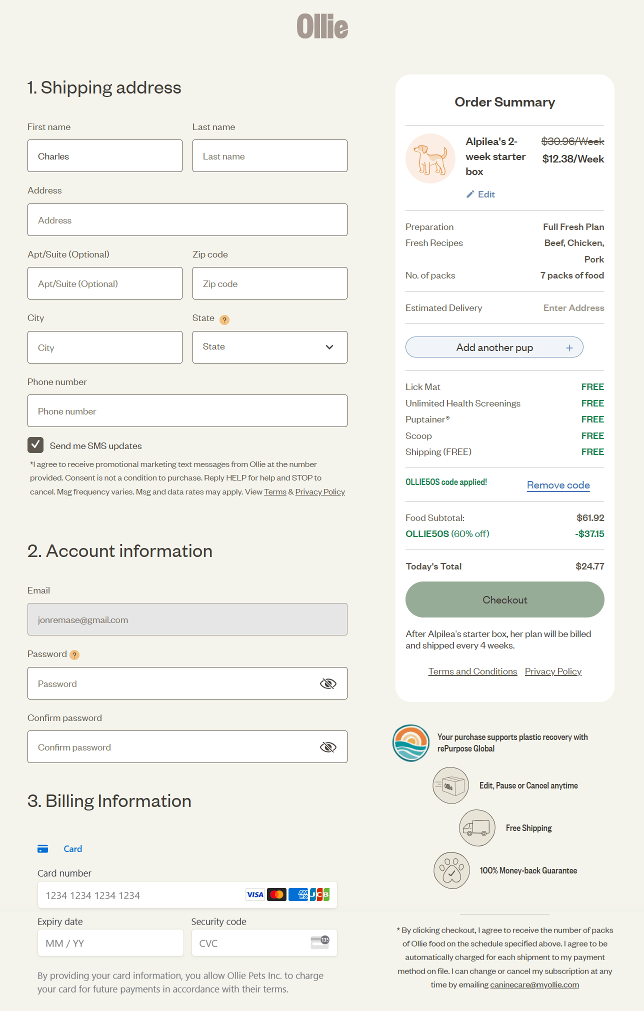 Ollie Dog Food checkout page